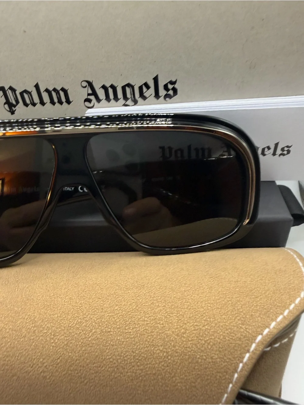 Palm Angels Sunglasses with Tan Leather Case - Black Lenses